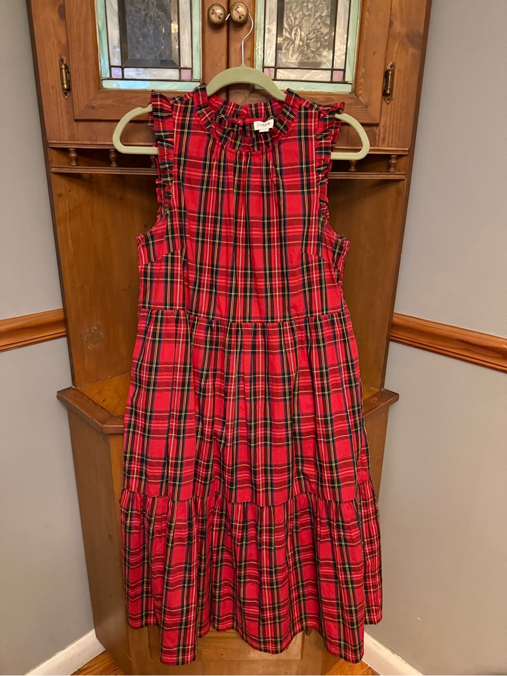 J.Crew factory  Red Tartan Plaid Tiered Ruffle Midi Dress Size 8